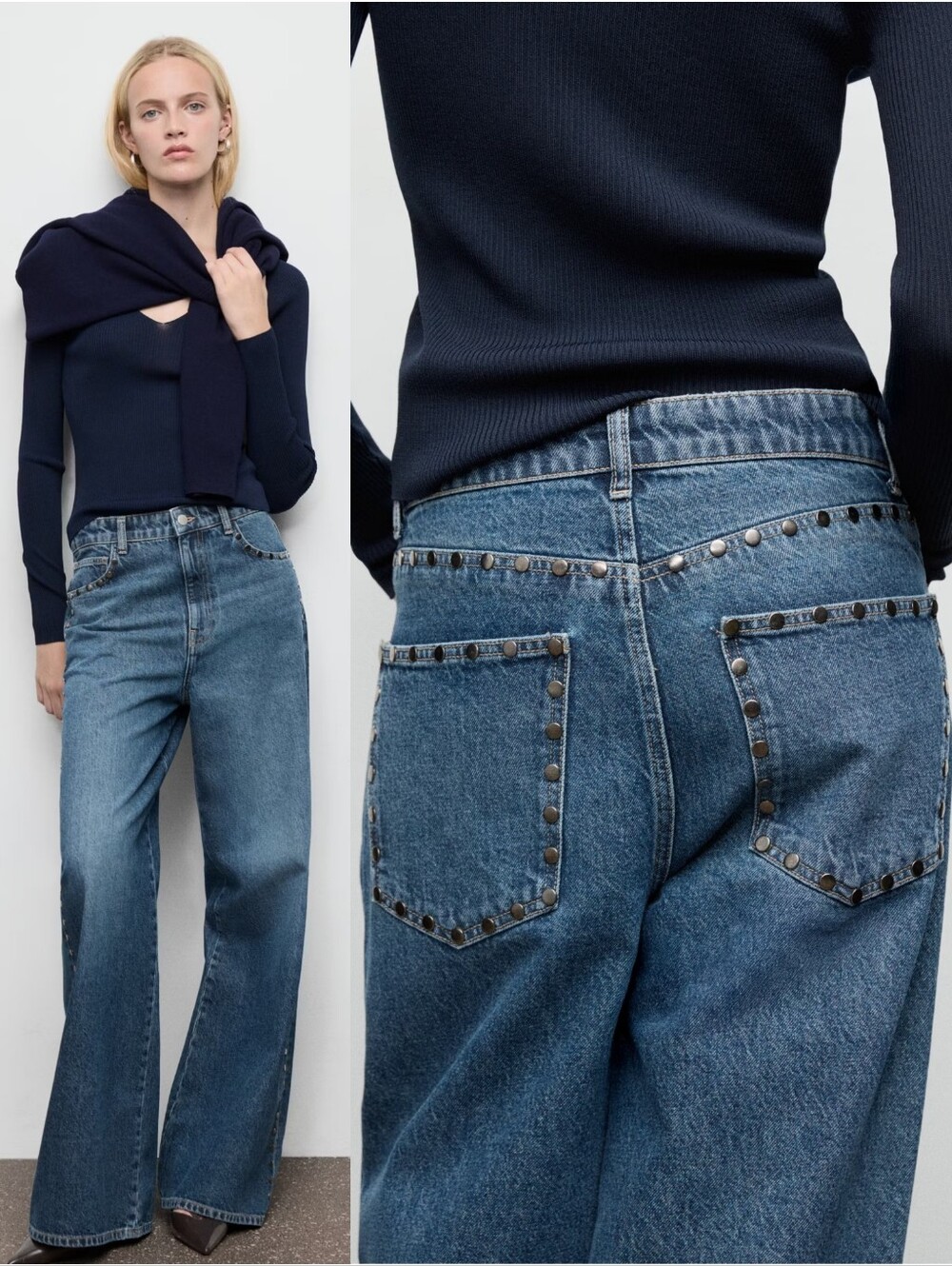 MANGO Studded Wide Leg Jeans
